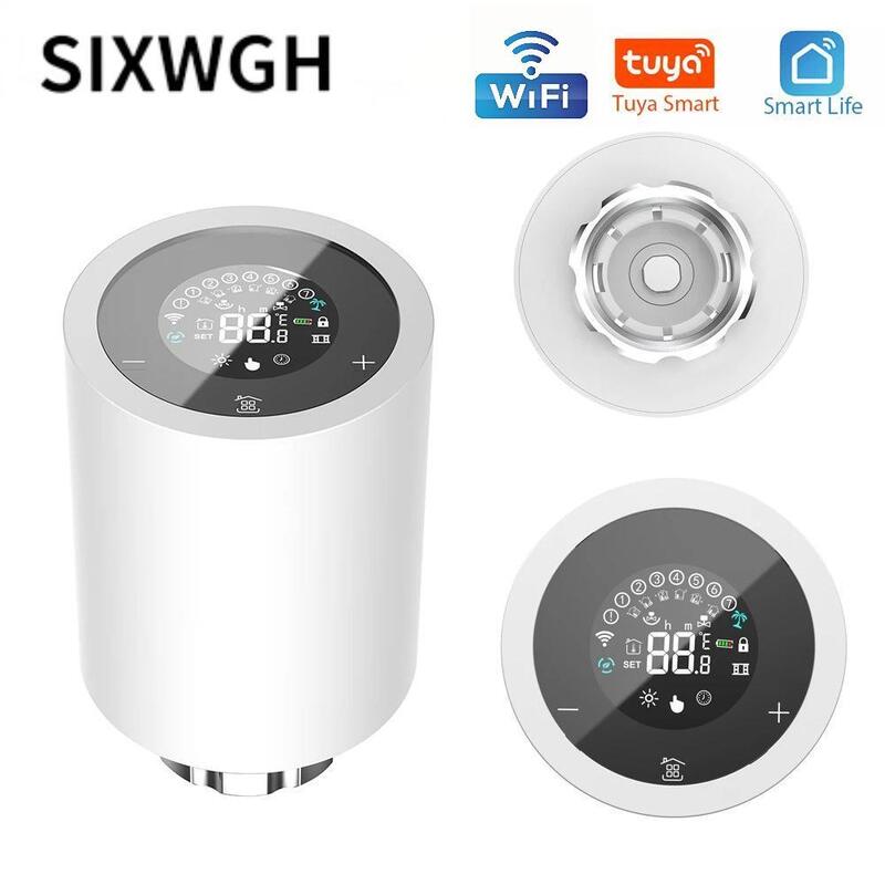 SIXWGH Tuya Zigbee 및 Wi-Fi 스마트 LCD 터치스크린 온도 조절 라디에이터 밸브 프로그래밍 가능한 온도 제어 APP Voice Eco Home